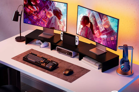 Dual Monitor Stand – 3 Shelf Computer Monitor Riser, Wood Desktop Stand with Adjustable Length and Angle, Desk Accessories, Office Supplies Medium Black,Dt108001Wb