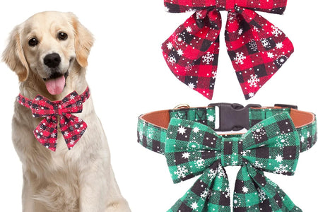2 Pack Christmas Dog Collar with Bow Tie, Classic Plaid Red Green Dog Collars with Removable Bowtie Christmas Collars for Large Dogs Pets (Large, Christmas Bow-2)